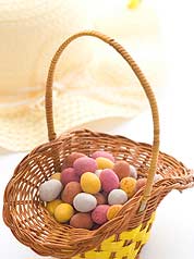 Easter bonnet and basket of chocolate eggs